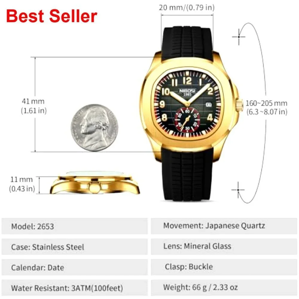 Analog Military Watch with Calendar Black Silicone Strap Waterproof